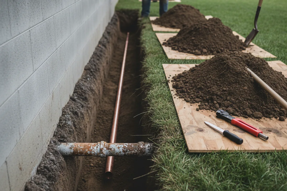 Excavated water line trench during Sewer Line Repair in Cockeysville